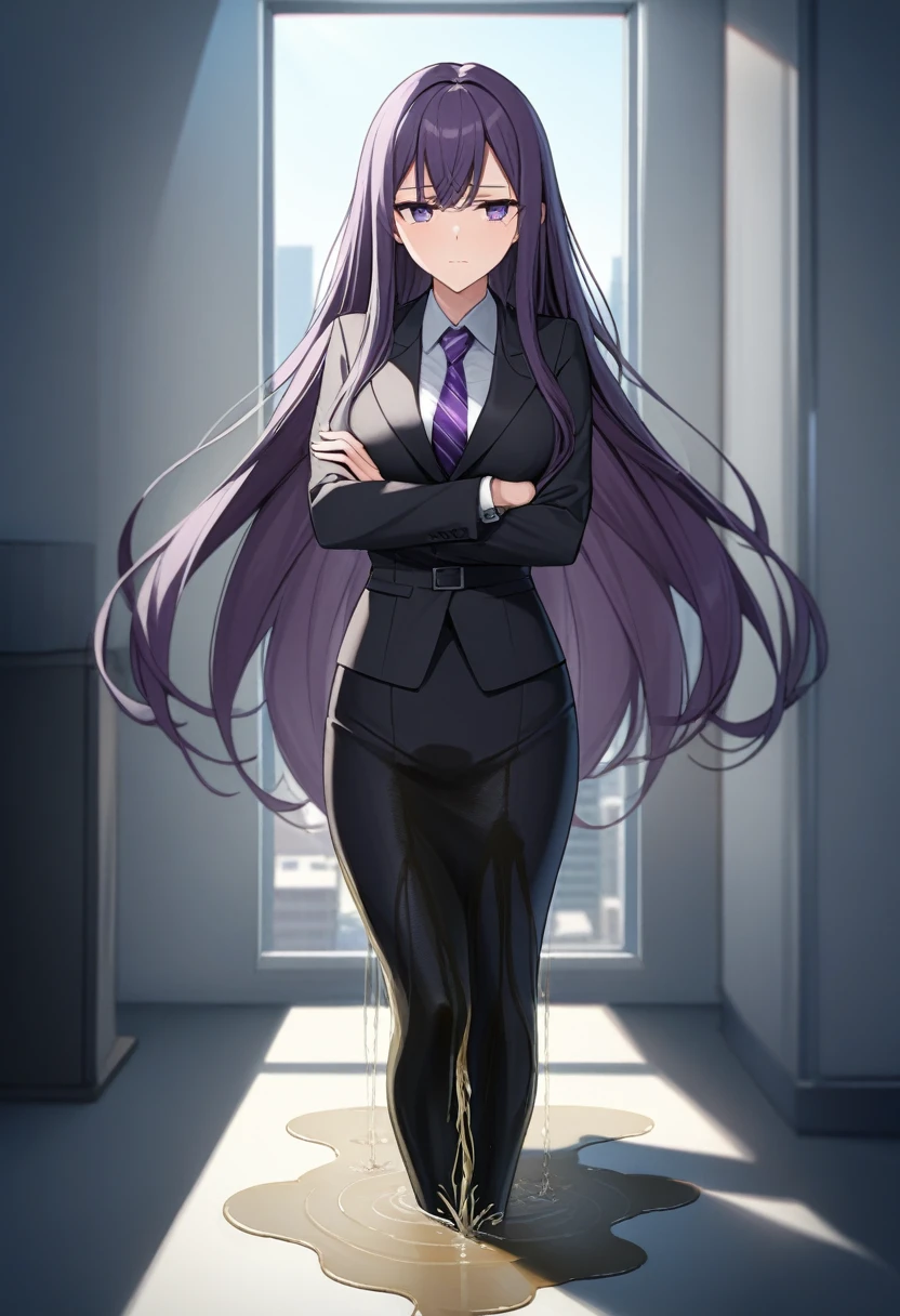 (masterpiece:1.37), best quality, (extremely detailed:1.37), office, window overlooking a bustling cityscape, woman, (mature:1.75), (adult:1.5), (very long hair:1.5), dark purple hair, purple eyes, (extremely detailed eyes:1.37), breasts, sunglasses, business suit, necktie, (very long pencil skirt:2.0), pantyhose, (wetting herself:2.0), standing straight, (desperation:1.5), full body day, daytime, glow, facing viewer, perfect composition, Perfect light and shadow, 8K, (arms crossed:1.5)