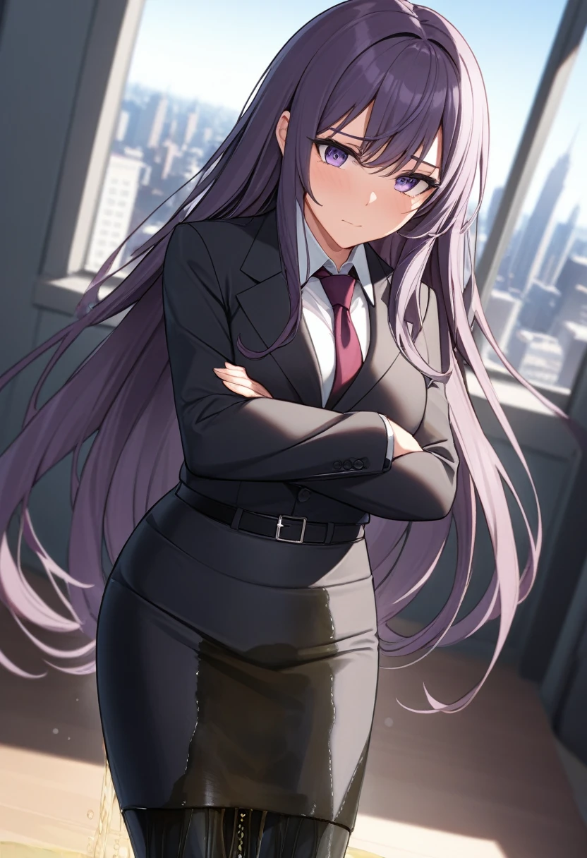 (masterpiece:1.37), best quality, (extremely detailed:1.37), office, window overlooking a bustling cityscape, woman, (mature:1.75), (adult:1.5), (very long hair:1.5), dark purple hair, purple eyes, (extremely detailed eyes:1.37), breasts, sunglasses, business suit, necktie, (very long pencil skirt:2.0), pantyhose, (wetting herself:1.5), standing straight, (desperation:1.5), full body day, daytime, glow, facing viewer, perfect composition, Perfect light and shadow, 8K, (arms crossed:1.5)
