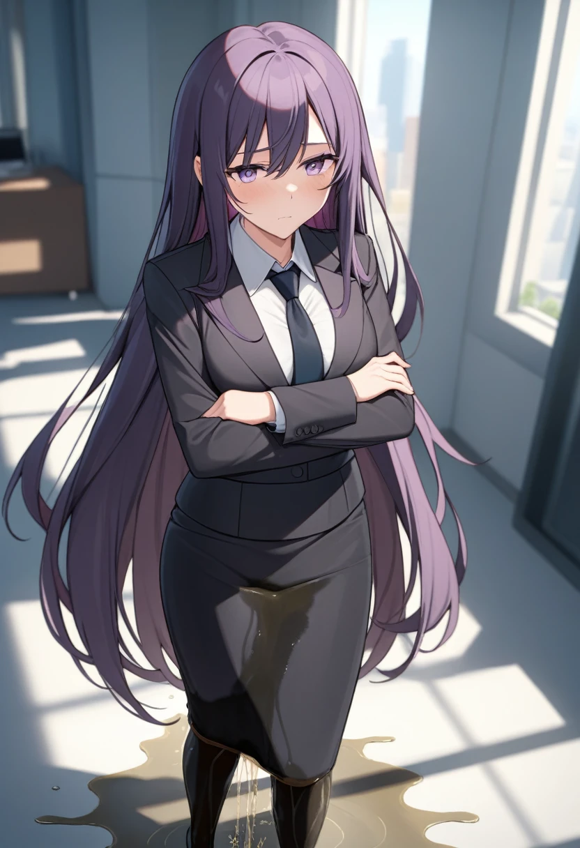 (masterpiece:1.37), best quality, (extremely detailed:1.37), office, window overlooking a bustling cityscape, woman, (mature:1.75), (adult:1.5), (very long hair:1.5), dark purple hair, purple eyes, (extremely detailed eyes:1.37), breasts, sunglasses, business suit, necktie, (very long pencil skirt:2.0), pantyhose, (wetting herself:2.0), standing straight, (desperation:1.5), full body day, daytime, glow, facing viewer, perfect composition, Perfect light and shadow, 8K, (arms crossed:1.5)