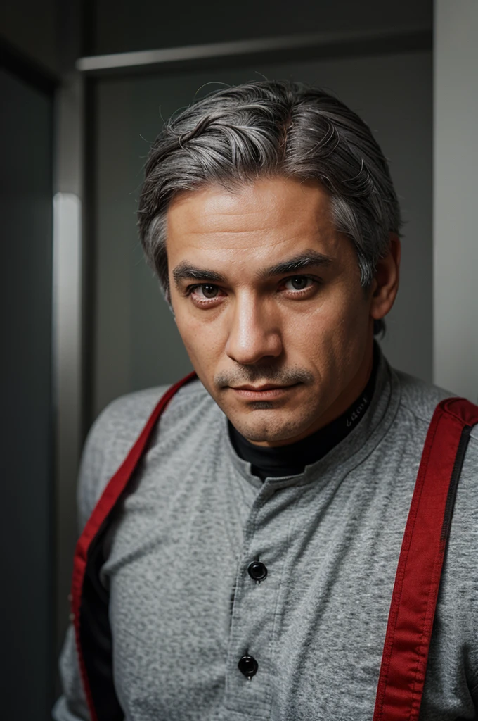 a man with gray hair and red eyes