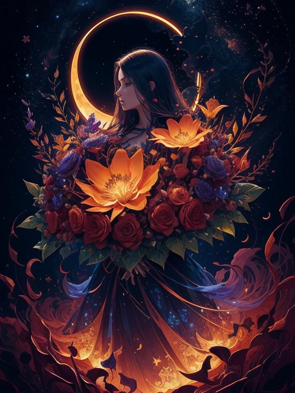 a bouquet of flowers with a crescent and stars on a black background, a digital painting by Android Jones, Artstation, pixel art, glowing flowers, 🌺 cgsociety, flowers and gold, floral sunset, night sky full of flowers, magical flowers, floral growth, celestial red flowers vibe, floral!, jen bartel, floral environment, nature and floral aesthetics