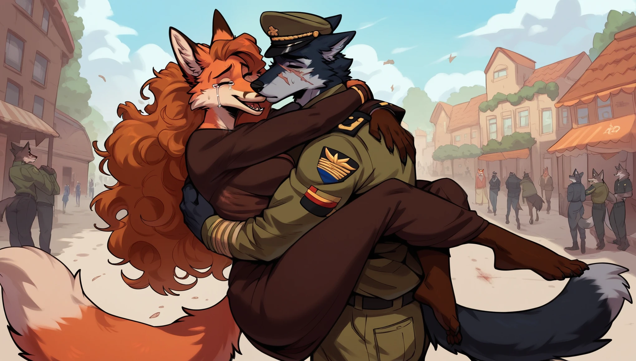 score_9, score_8_up, score_7_up, city, town park square, daytime, crowd on background, sunny, happy, joyful, love, reunion, face to face, (kissing:0.5)

((fox:1.2), anthro, female, dark brown fur, long flowing hair, beautiful, wearing a dress, crying tears of joy, hugging, being lifted, feet off the ground)

((wolf:1.2), anthro, male, black fur, (scars, wounds), (wearing a military uniform, pants and hat), strong, lifting, loving expression)