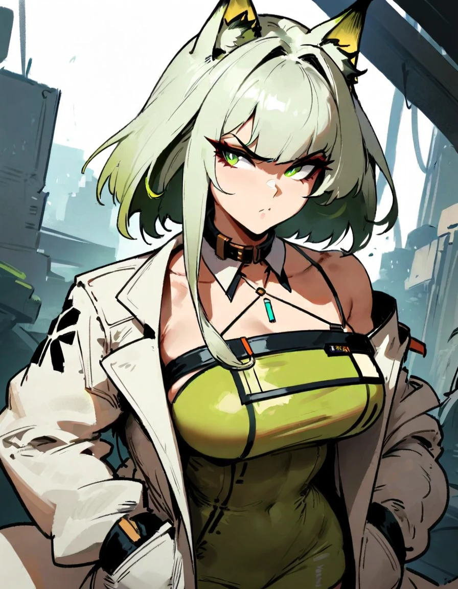 1girl, kal'tsit \(arknights\), arknights \\\\\ masterpiece, best quality, very aesthetic, absurdres, newest \\\\\\ slim body,///// ,by nyantcha,cutesexyrobutts , by khyle,,////// ,,,, , ,,detailed face, , ,, , , , , beautiful face, (white background:1.2), , sexy, , serious.angry, green eyes, animal ears, , ,,,big tits,),  in the center of the frame,,, ,wears a lab coat, hands in pockets, ,  solo
