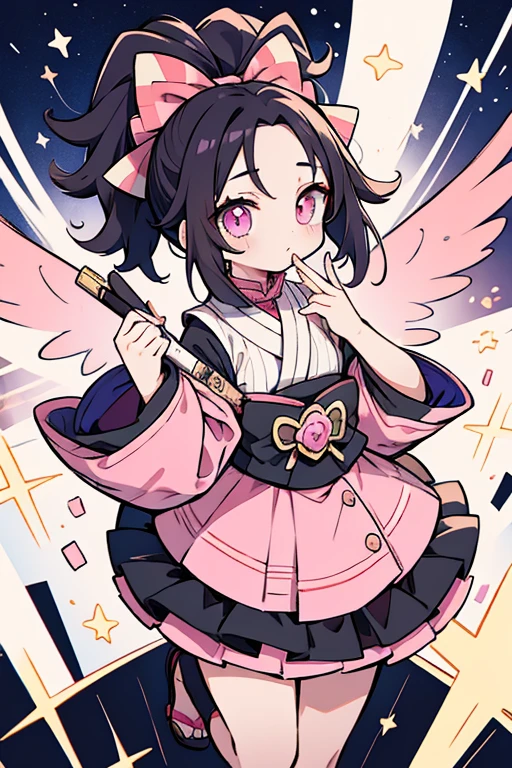 charachter , fly away, pink and black hair, star-shaped pupil, Art of Kimetsu no Yaiba