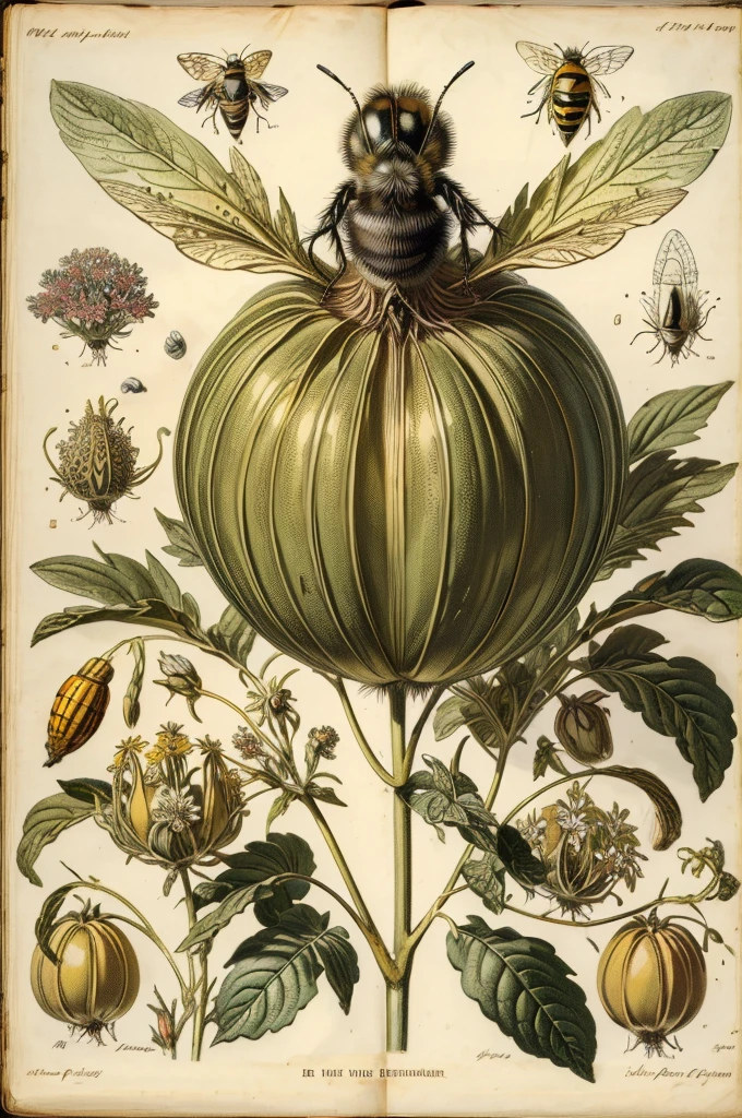 ((nobody)) Vintage Victorian style, Precise old encyclopedia (best quality:1.2), (detailed:1.2), (masterpiece:1.2), vintage botanical illustrations of a bee and honey