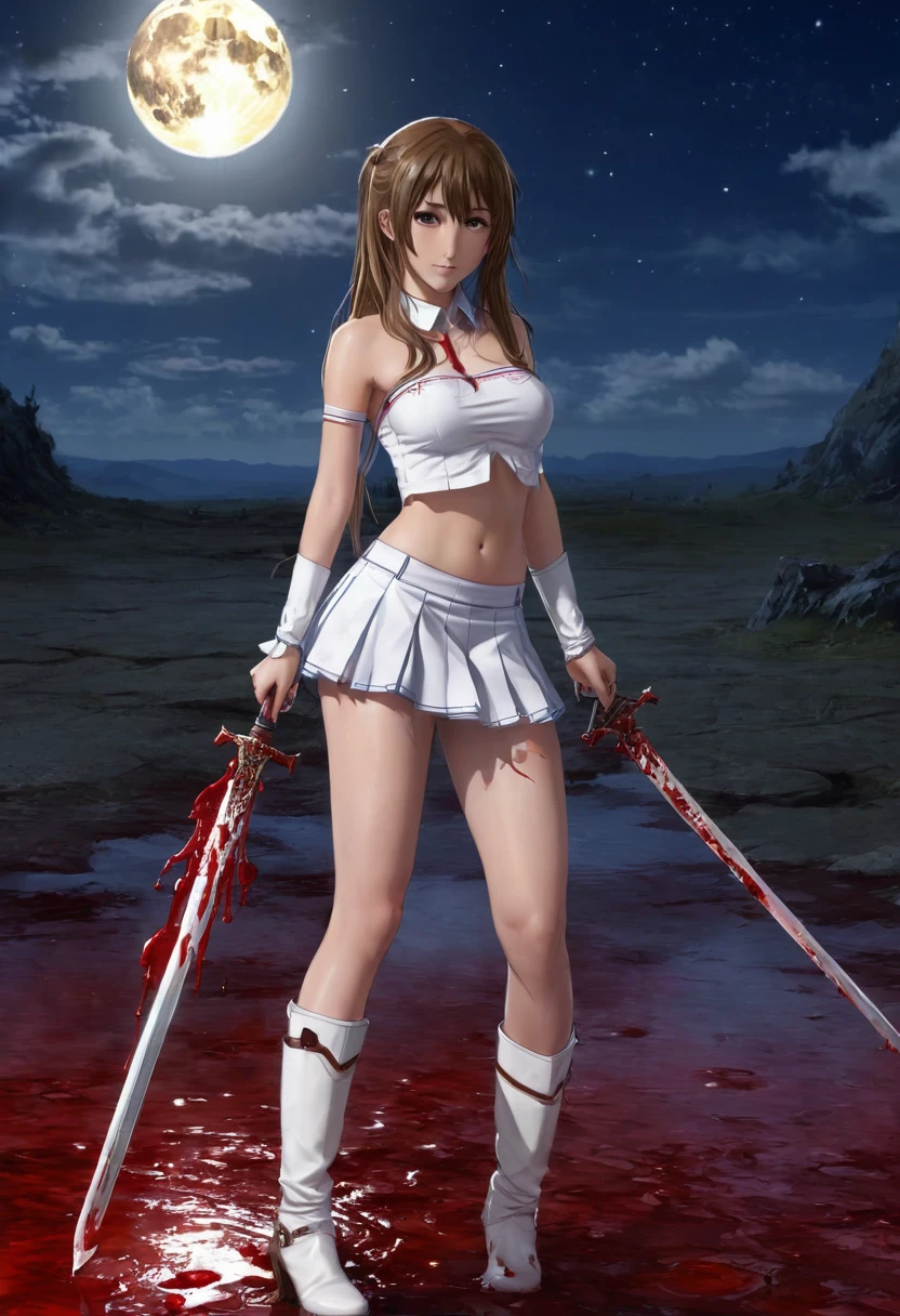8k,(Asuna(sao): 1.6),one Girl, Solo,(perfect anatomy:1.43), (medium Hair:1.55) ,(Half Up:1.45),Bangs, Brown Eyes,Fine Eyes,(sad smile:1.3),white thighhighs,(Brown Hair:1.6),blood-soaked boots,(18 years old:1.5),Full Body, no bra, nude,(Bare Shoulders:1.5),(mini Skirt:1.26),(holding blood-soaked one rapier:1.43),(standing on moonlit night blood pool battlefield:1.52),Fantasy,(blood effect:1.53),pov,eye-level view,(drop shadow:1.21)