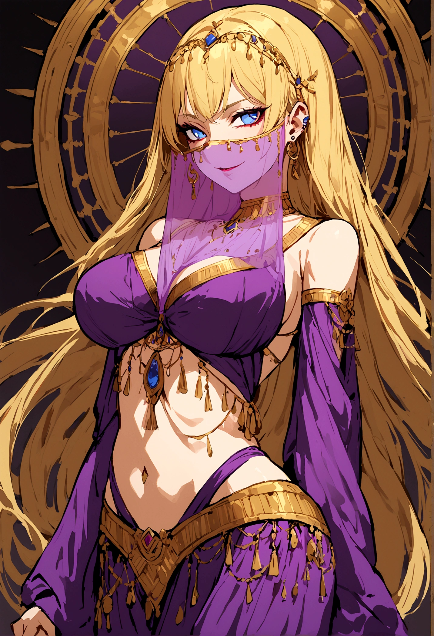 She has long blonde hair cascading down her back.Piercing blue eyes. Her outfit consists of delicate, thin chains and ornamental pieces that barely cover her body. mouth veil , with intricate jewelry adorning her neck, arms, and waist. evil smile, subservient, large breast, egyptian style clothng, full body shot, purple clothes, belly dancer outfit