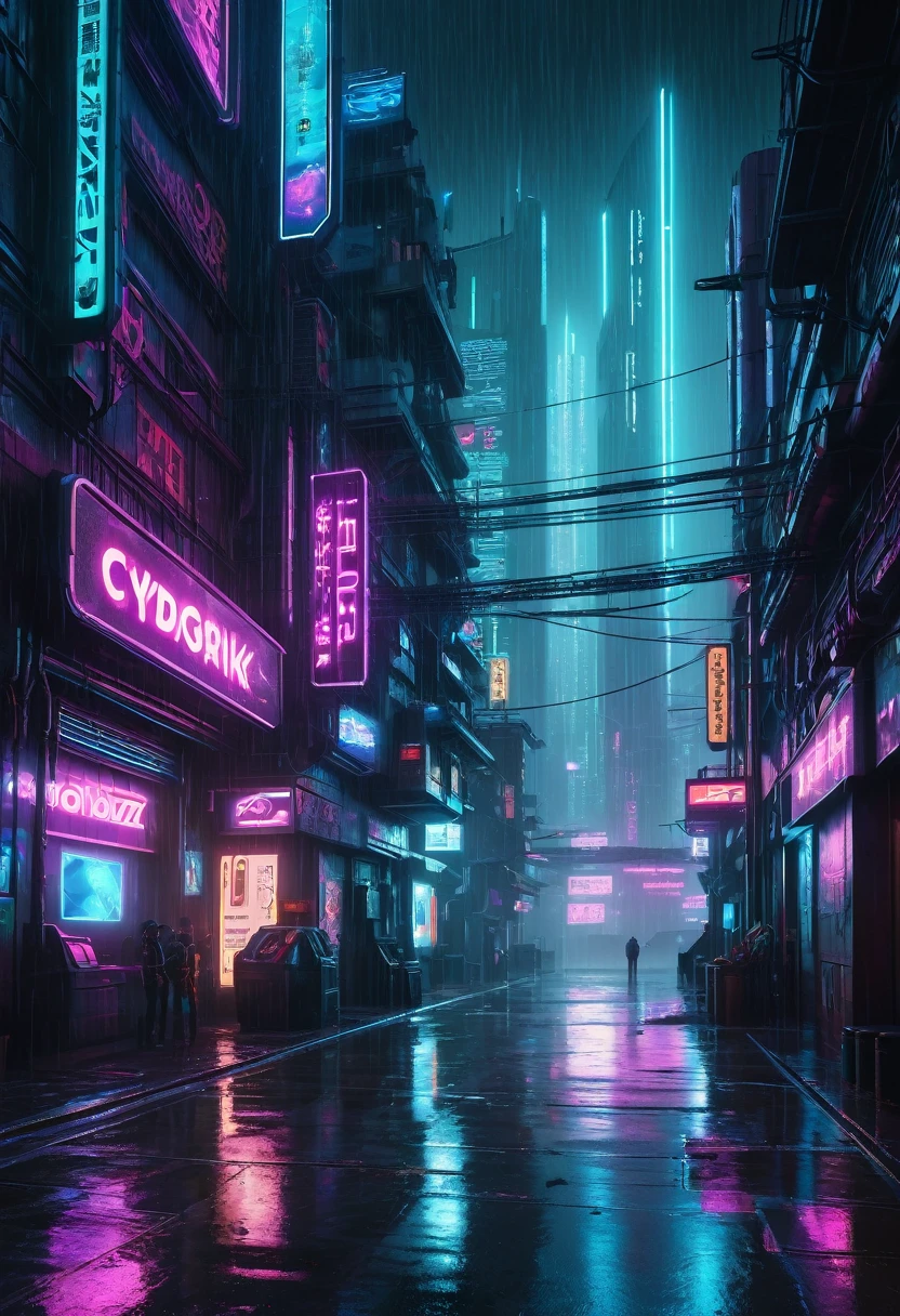 a cyberpunk city, neon lights, futuristic architecture, holograms, cyborg, advanced technology, moody atmosphere, dark shadows, sci-fi, urban landscape, rain, metallic textures, glowing displays, dystopian, cinematic lighting, high contrast, muted color palette, extremely detailed, 8k, hyperrealistic, intricate details, photorealistic