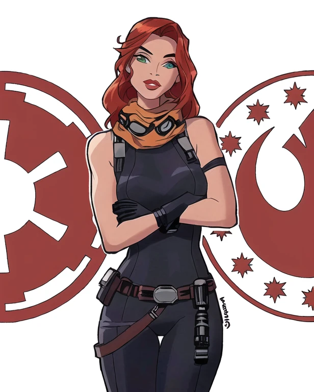 Derrick J Wyatt style, a cartoon of a woman in a black outfit with a star wars emblem, mara jade skywalker, mara jade, star wars, solo female character, full color illustration, full color digital illustration, star wars character, masterpiece, best quality, extremely detailed face, long eyelashes, red lipstick, long orange hair, bright green eyes. She's wearing a tight shiny black leather suit, tan scarf, goggles, gloves, leather utility belt. Mara Jade is crossing her arms. Upper body shot. 