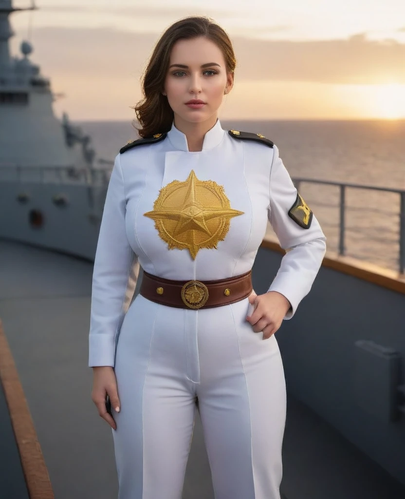 (8K, photorealistic, Raw photo, top quality;1.4) , (1 girl), super beauty (Realistic face) girl in white uniform posing on a warship, big breasts, girl in military uniform, military uniform trousers, beautiful expression, real leather, Super high resolution, Accuracy details, The deck of a warship, sunset