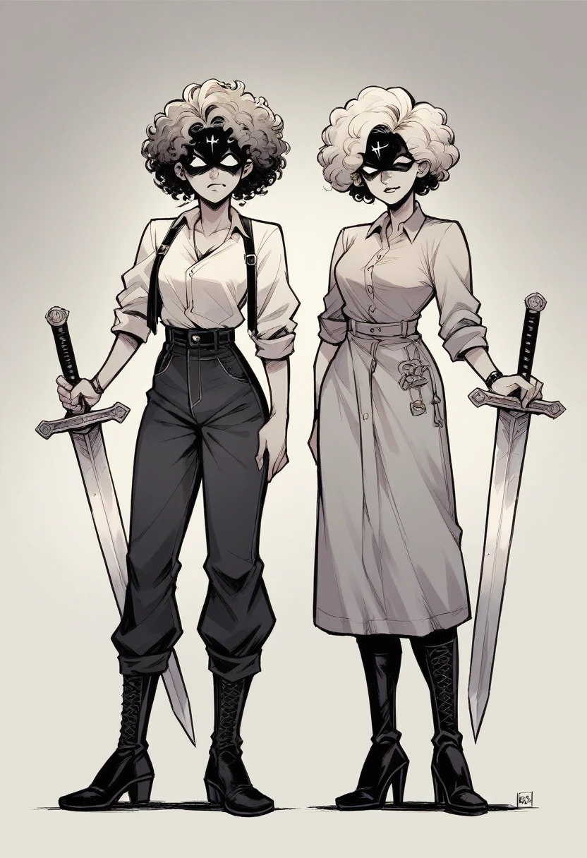 A woman of 1,68 years old with two swords at his waist, curly hair and a black cat mask covering her face, not the hair. I want the character with pants and boots, in addition to the two swords, I want pistols more days.