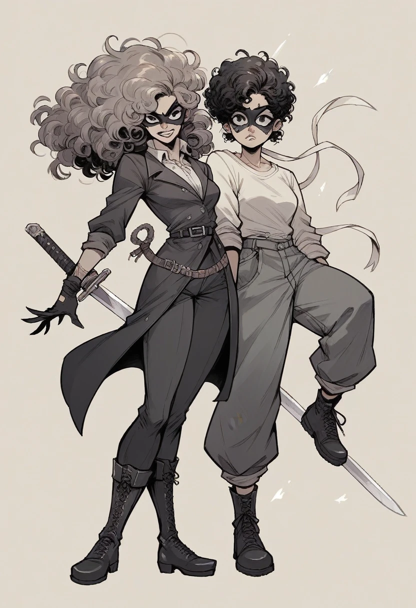 A woman of 1,68 years old with two swords at his waist, curly hair and a black cat mask covering her face, not the hair. I want the character with pants and boots, in addition to the two swords, I want pistols more days.