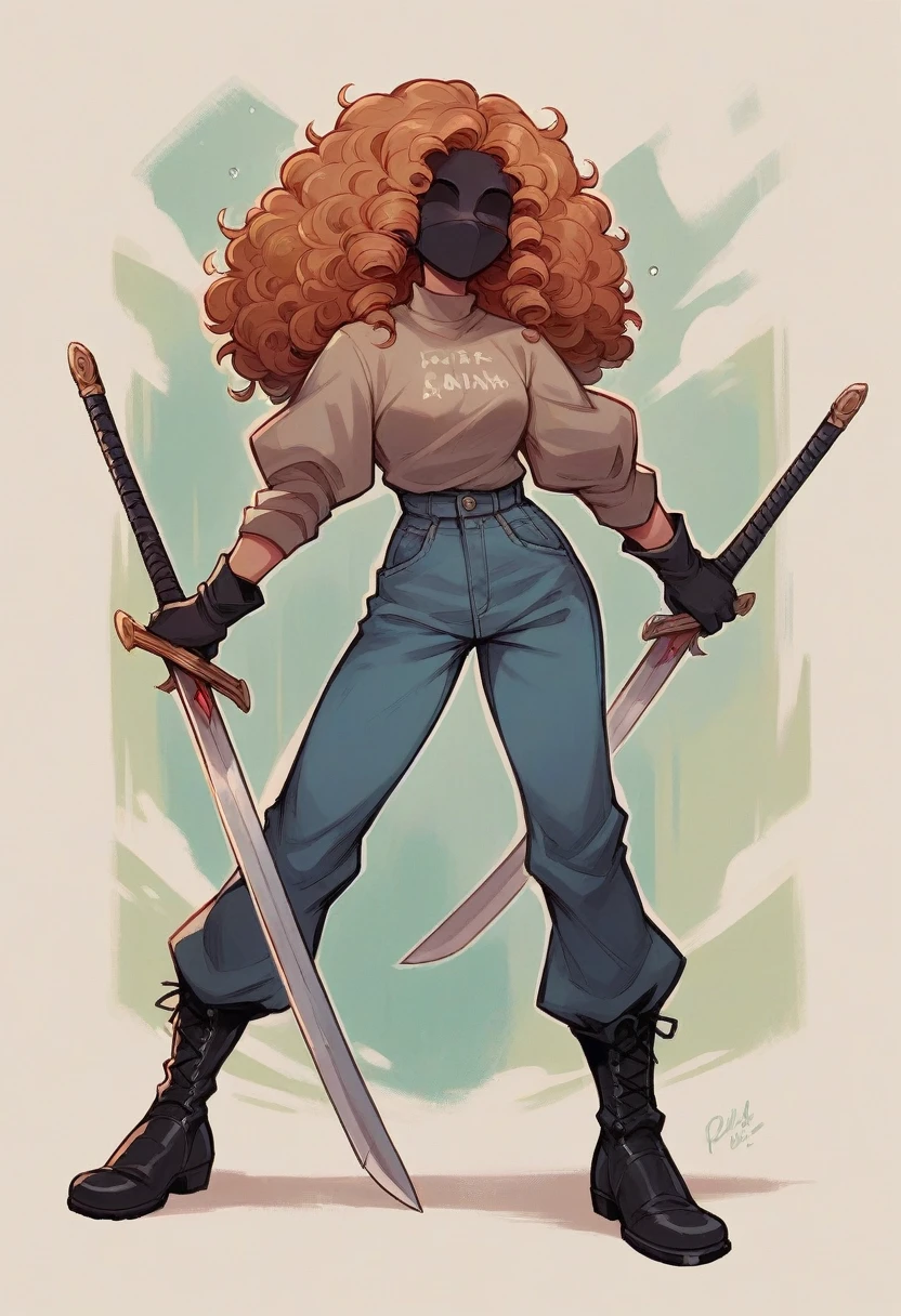 A woman of 1,68 years old with two swords at his waist, curly hair and a black cat mask covering her face, not the hair. I want the character with pants and boots, in addition to the two swords, I want pistols more days.