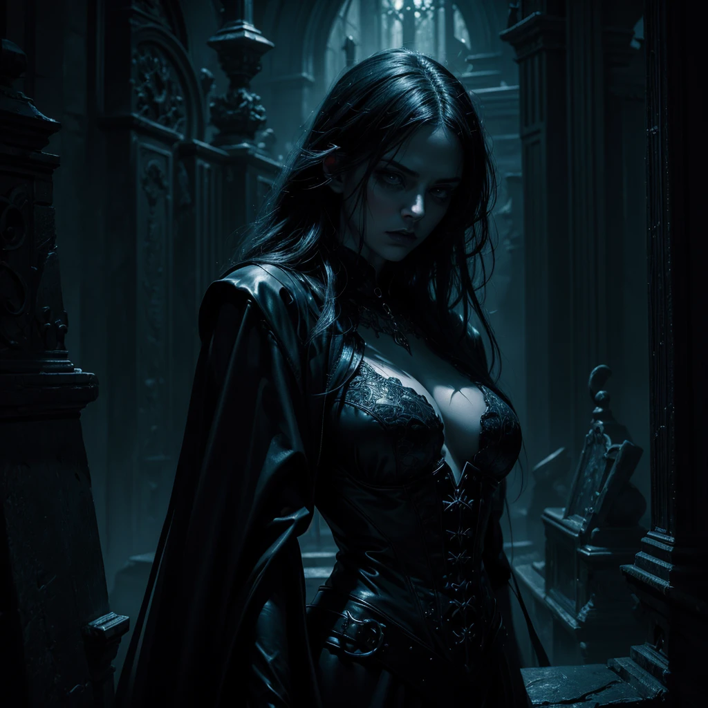 a woman emerging from a gothic style coffin, pale skin, sunken eyes, long black hair, tattered black dress, gothic style tomb, crumbling stone walls, cobwebs, dim lighting, (best quality,4k,8k,highres,masterpiece:1.2),ultra-detailed,(realistic,photorealistic,photo-realistic:1.37),dark fantasy,horror,dramatic lighting,moody atmosphere