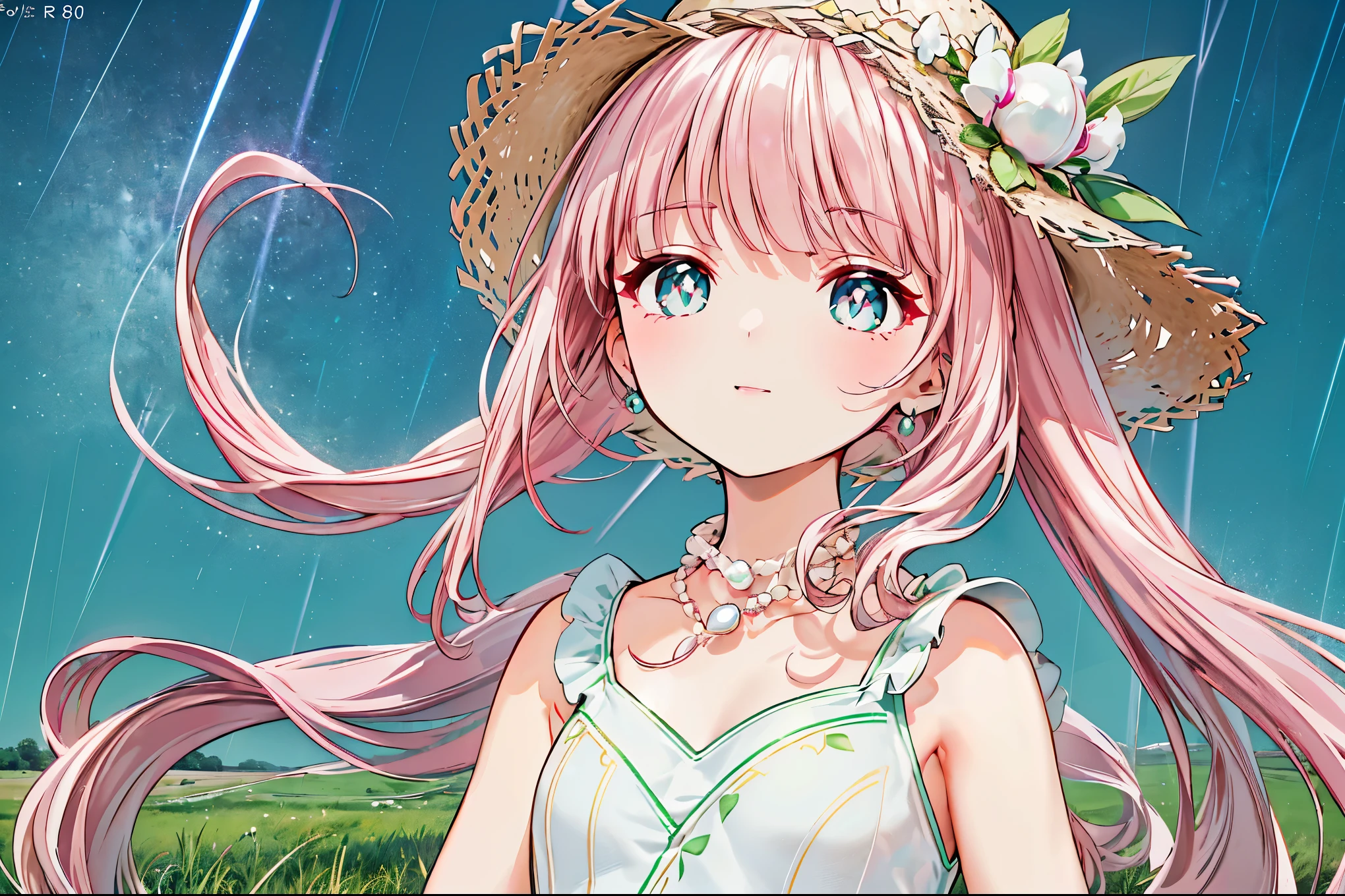 (((pearl pink hair,emerald pupils))),((beautiful and detailed)),(blushing), (geometric:1.1),(((lean on grassland,raining,farmland))), ((1girl,amazing,adorable girl,solo,))(Masterpiece,Best quality, offcial art, Beautiful and aesthetic:1.2),(4k,HD,HRS),((small breasts)),(Physically-based rendering),Sharp focus on face, (((high-detailed skin,The details are complex、Shallow depth of field、movie lighting、Reflectors、a Canon EOS R5、50mm lens、f / 2.8、shot at 8k resolution))),simple cloths,correct pupils,((((shiny hair|detailed hair|half bangs|short hair|single ponytail|curly hair)))),(masterpiece sidelighting),(The sheen),(beautiful hair,beautiful background,bokeh:55mm)),((extremely_Detailed_Eyes_and_face)),Movie girl,(Dynamic posture: 1.2),Brilliant,((straw hat)),((arms down))