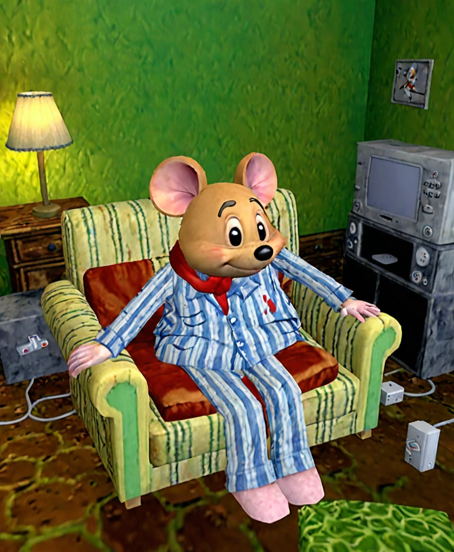 A sad, melancholic, mouse dressed in pajama, Sitting in a sofa in his 1950s bedroom, Playstation 1 Graphics, PS1 Game, low poly, playstation 1 still