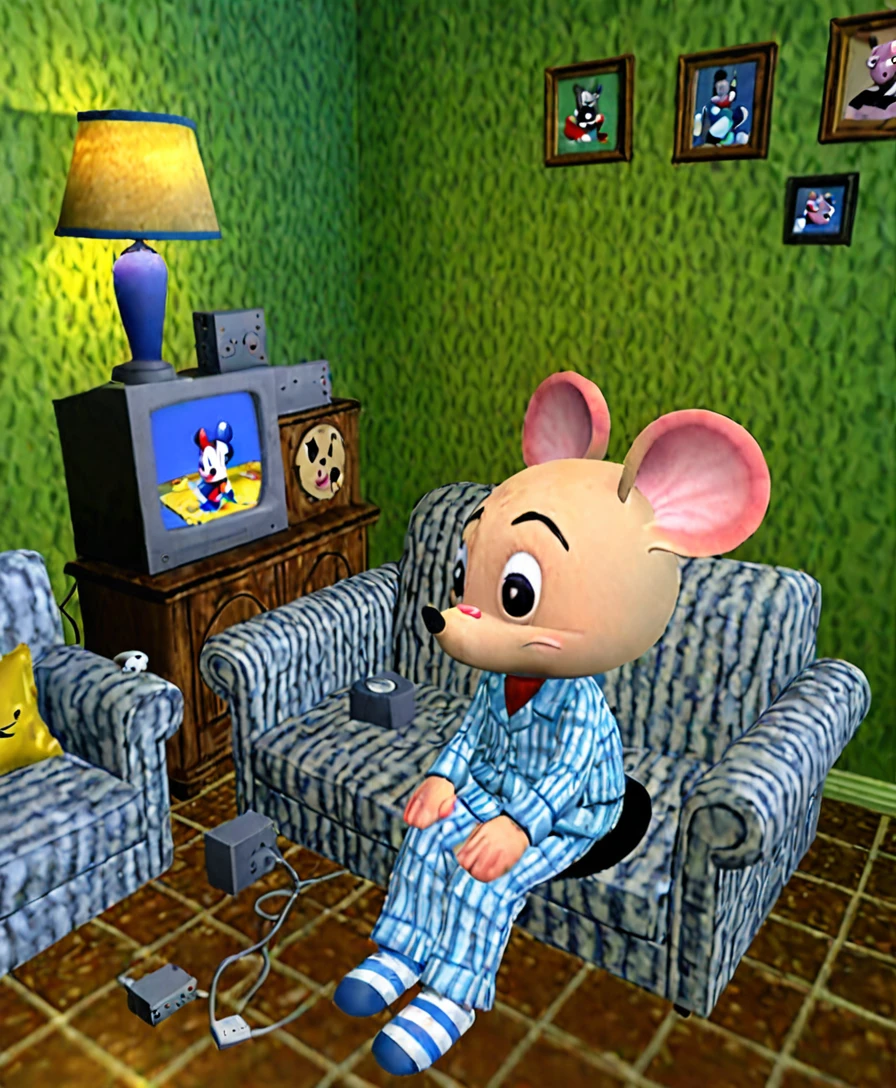 A sad, melancholic, mouse dressed in pajama, Sitting in a sofa in his 1950s bedroom, Playstation 1 Graphics, PS1 Game, low poly, playstation 1 still