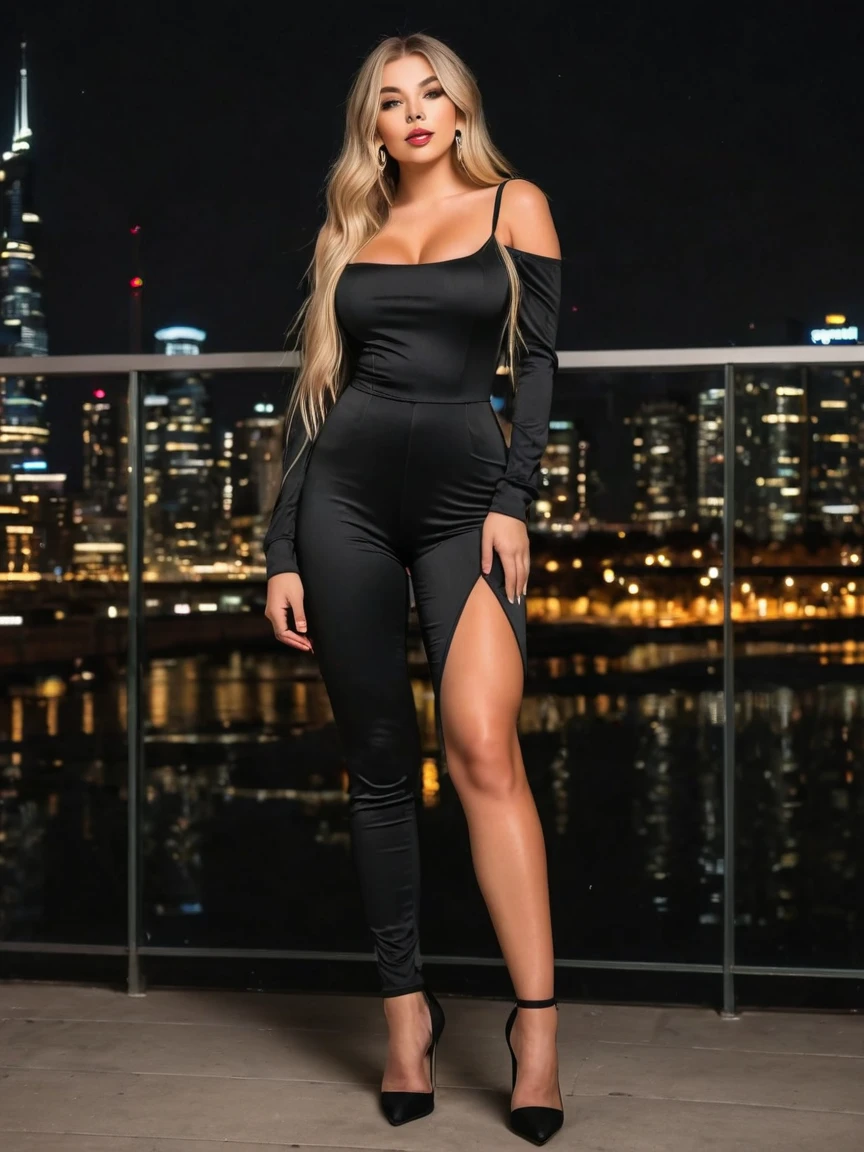 A stunning 18 year old, influencer, long straight blonde hair, perfect body, big breasts, fake breasts, big ass, big thigh, standing with one leg slightly bent and her hand resting on her thigh. She is wearing a fashionable, tight-fitting black jumpsuit and high heels. The setting is a glamorous nighttime cityscape with bright lights and reflections.