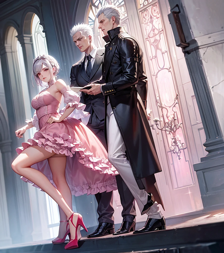 Vergil from Devil may cry Wearing a pink Lacy skirt and high heels Passionate