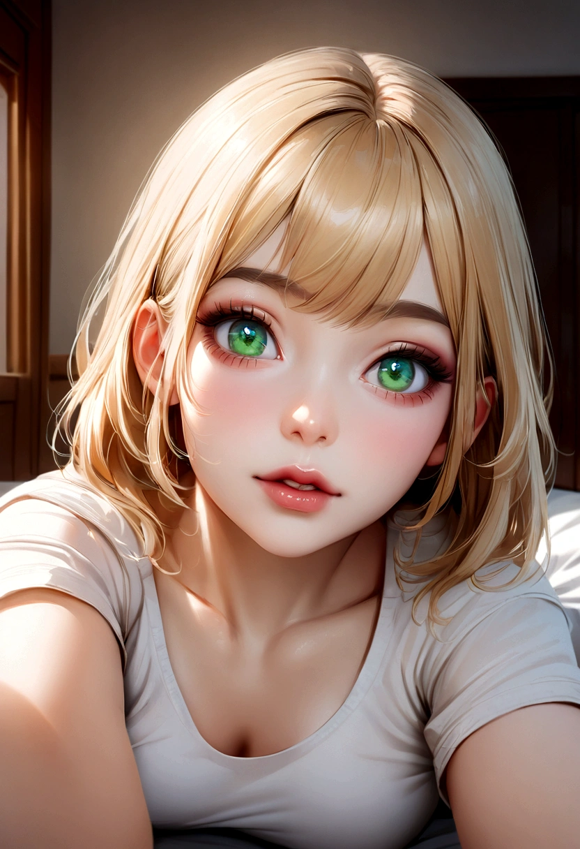 Raven haired, woman arafed completely , Sexy girl with green eyes, small face, ultra realistic, Meticulously detailed, Portrait Sophie Mudd, Blonde hair bob cut with pink highlights., and big eyes, selfie of a young woman, bedroom eyes, Violet Myers, without makeup, Natural makeup, Looking directly at the camera, cara con artgram, subtle makeup, Stunning full body photo kneeling on bed., In the bedroom, oversized bust