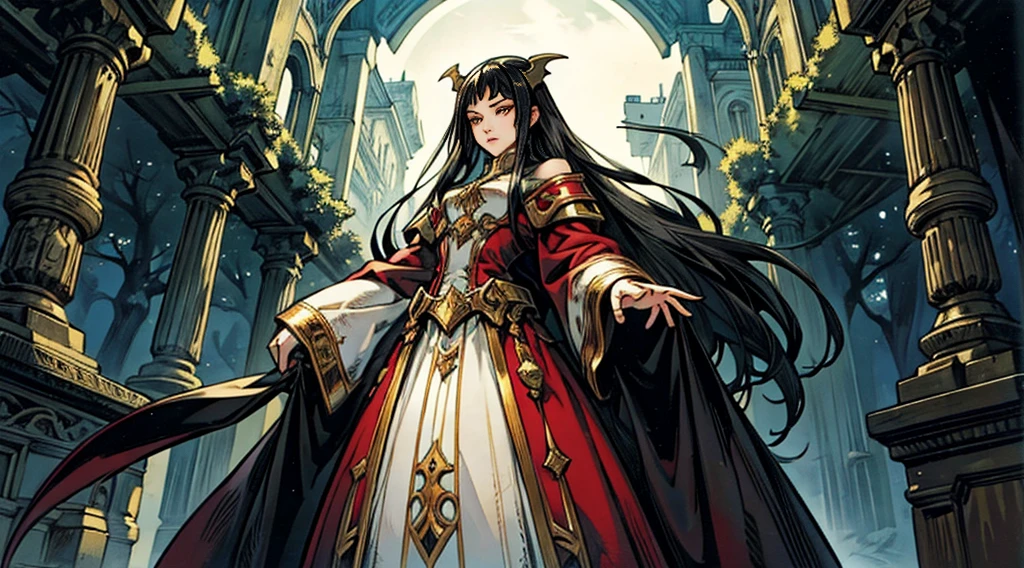 Create a tall and charming person、whole body、have big eyes、Clear eyes、Tall nose、1000 year old female vampire character with straight black hair and fair skin,She is wearing aristocratic clothes,Living in an old castle,Live in a world full of mysterious atmosphere in small towns and on the edge of forests。
