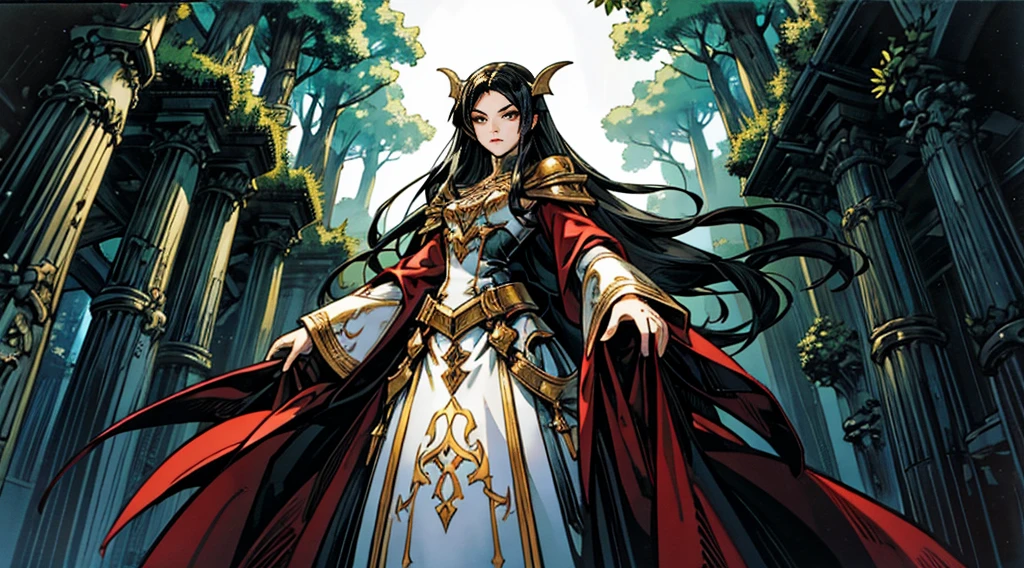 Create a tall and charming person、whole body、have big eyes、Clear eyes、Tall nose、1000 year old female vampire character with straight black hair and fair skin，She is wearing aristocratic clothes，Living in an old castle，Live in a world full of mysterious atmosphere in small towns and on the edge of forests。