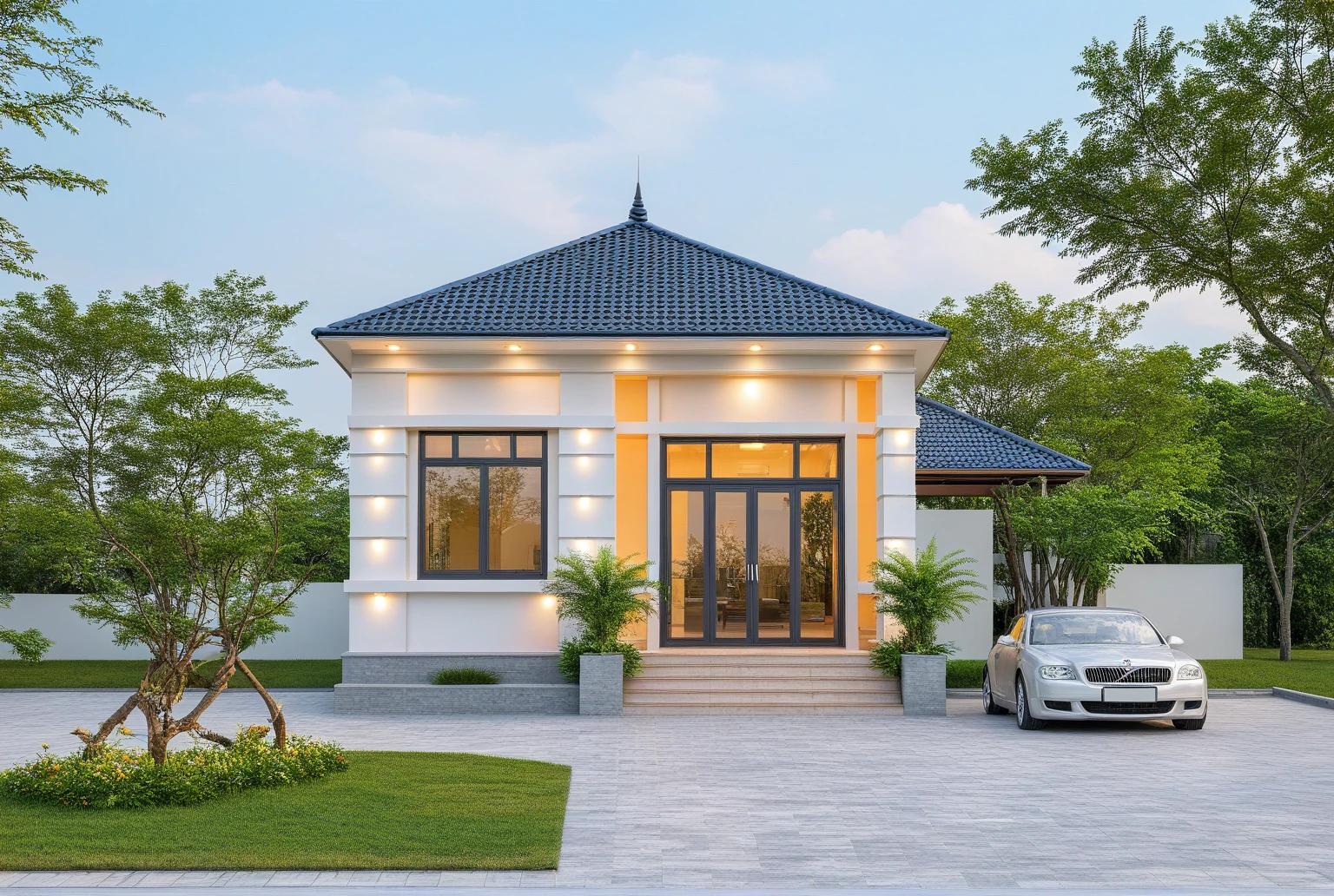 Raw photo,Masterpiece, high quality, best quality, authentic, super detail,
exterior, outdoors, house, Nhamainhat, aiaigroup on the tropical garden, minimalist line,onestoreyvilla, modern style, gray tile roof
brick yard,grass,tropical trees, sky, (day:1.1),Tropical garden background