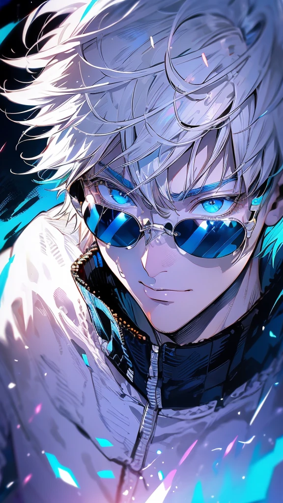 Satoru Gojo, Jujutsu Kaisen, Handsome man with white medium length hair, wearing sunglasses and blue galaxy in his eyes, Sunglasses on the bridge of his nose, revealing his deep blue eyes, looking at viewers, hyper-realistic atmospheres, details, 8k