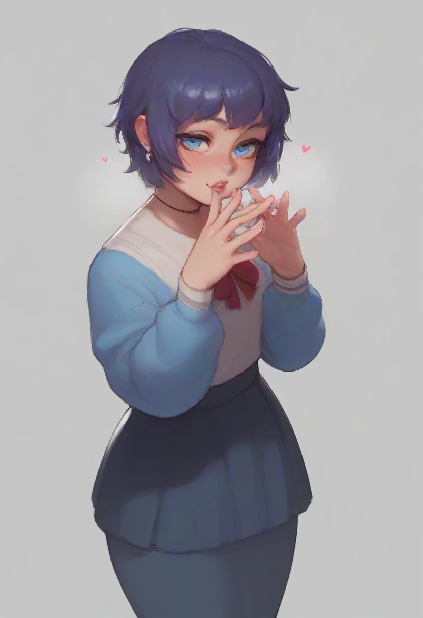 Kizi, skin black, blue colored eyes, skirt short, Making a heart with your hands.