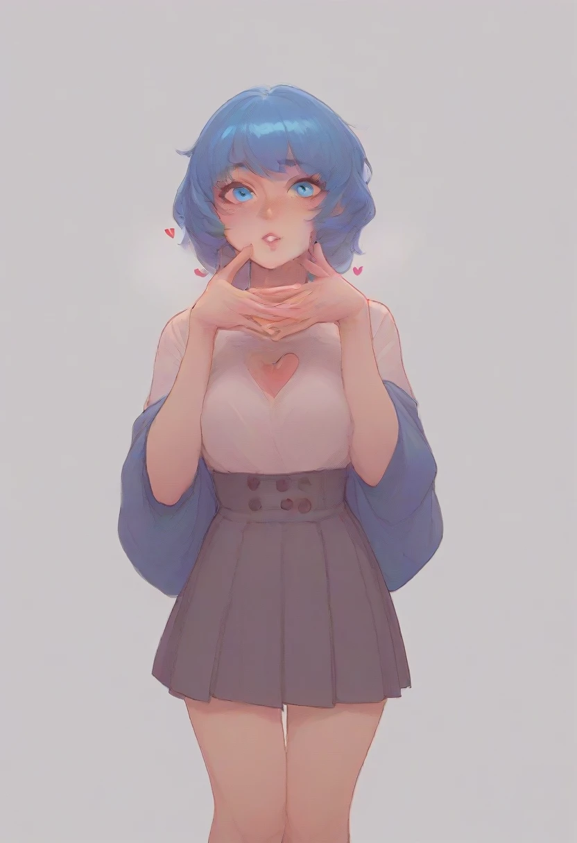 Kizi, skin black, blue colored eyes, skirt short, Making a heart with your hands.