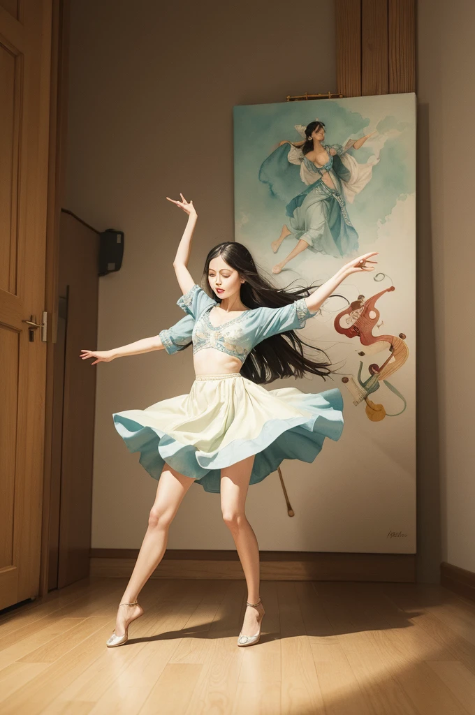 Watercolor style canvas painting, woman dancing prophetically in the middle with drawings of musical instruments around