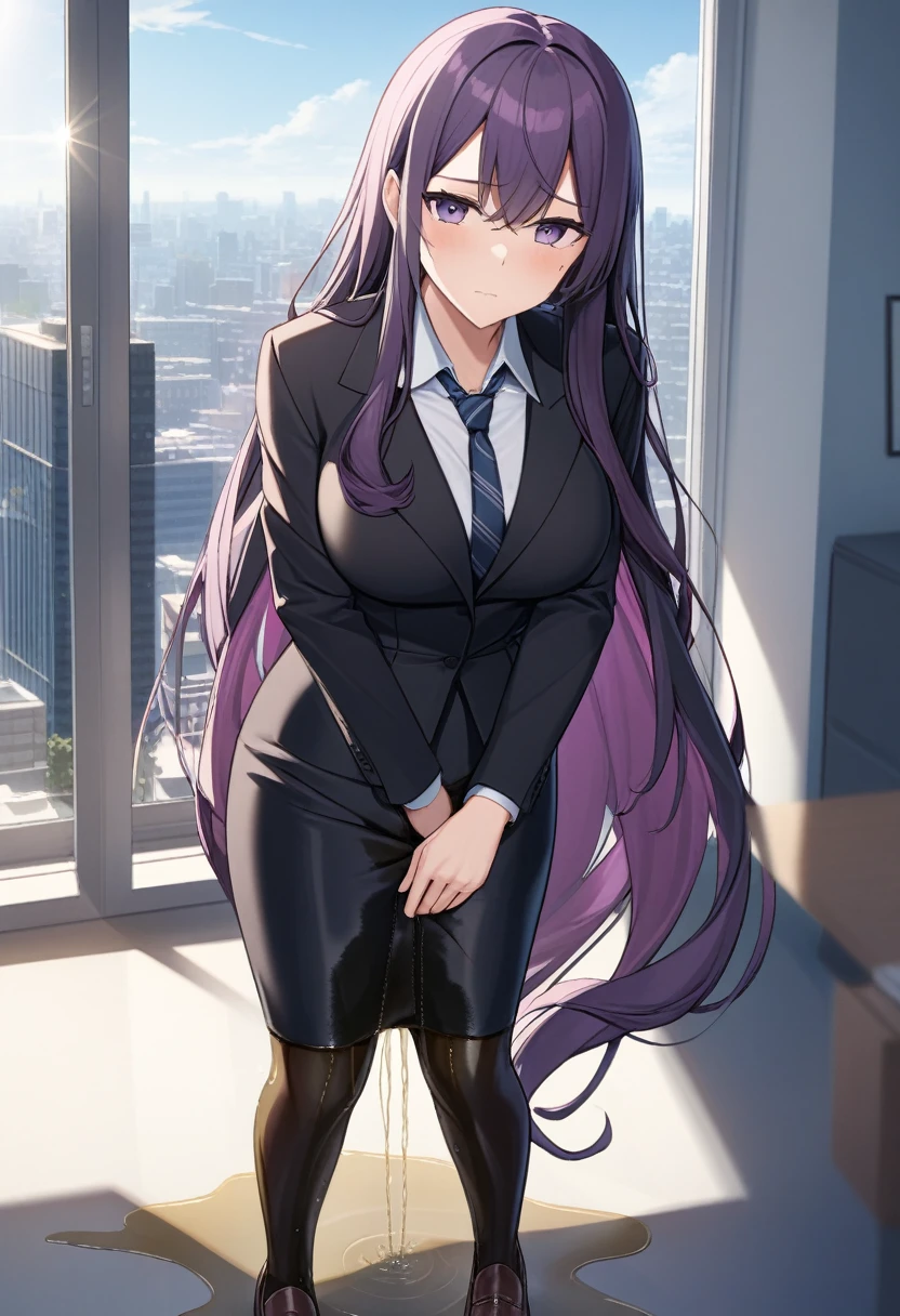 (masterpiece:1.37), best quality, (extremely detailed:1.37), office, window overlooking a bustling cityscape, woman, (mature:1.75), (adult:1.5), (very long hair:1.5), dark purple hair, purple eyes, (extremely detailed eyes:1.37), breasts, sunglasses, business suit, necktie, (very long pencil skirt:2.0), pantyhose, (wetting herself:2.0), standing straight, (desperation:2.0), full body day, daytime, glow, facing viewer, perfect composition, Perfect light and shadow, 8K