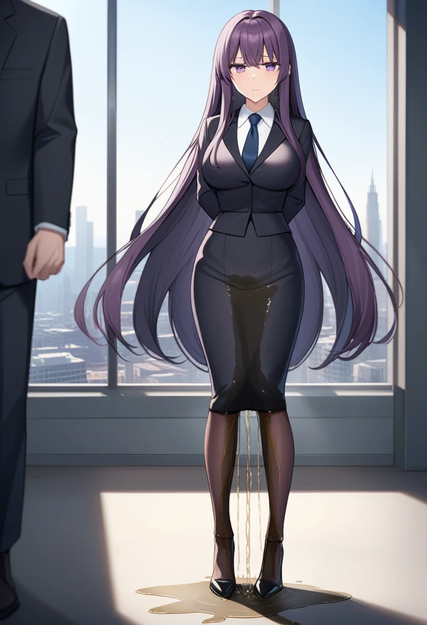 (masterpiece:1.37), best quality, (extremely detailed:1.37), office, window overlooking a bustling cityscape, woman, (mature:1.75), (adult:1.5), (very long hair:1.5), dark purple hair, purple eyes, (extremely detailed eyes:1.37), breasts, sunglasses, business suit, necktie, (very long pencil skirt:2.0), pantyhose, (wetting herself:2.0), standing straight, (desperation:2.0), full body day, daytime, glow, facing viewer, perfect composition, Perfect light and shadow, 8K, hans on crotch