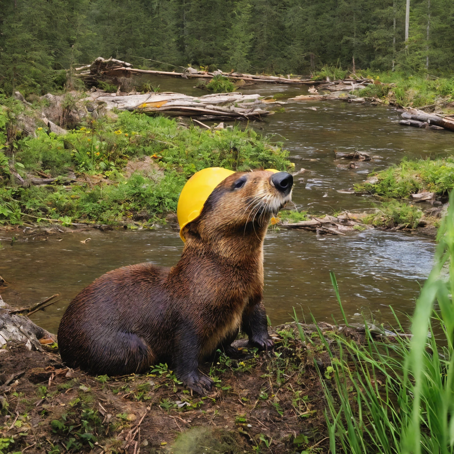 Realistic Beaver photo, funny cartoonish style, yellow hard hat, showing thumbs up, forest river in the background with a beaver dam, one funny beaver photo