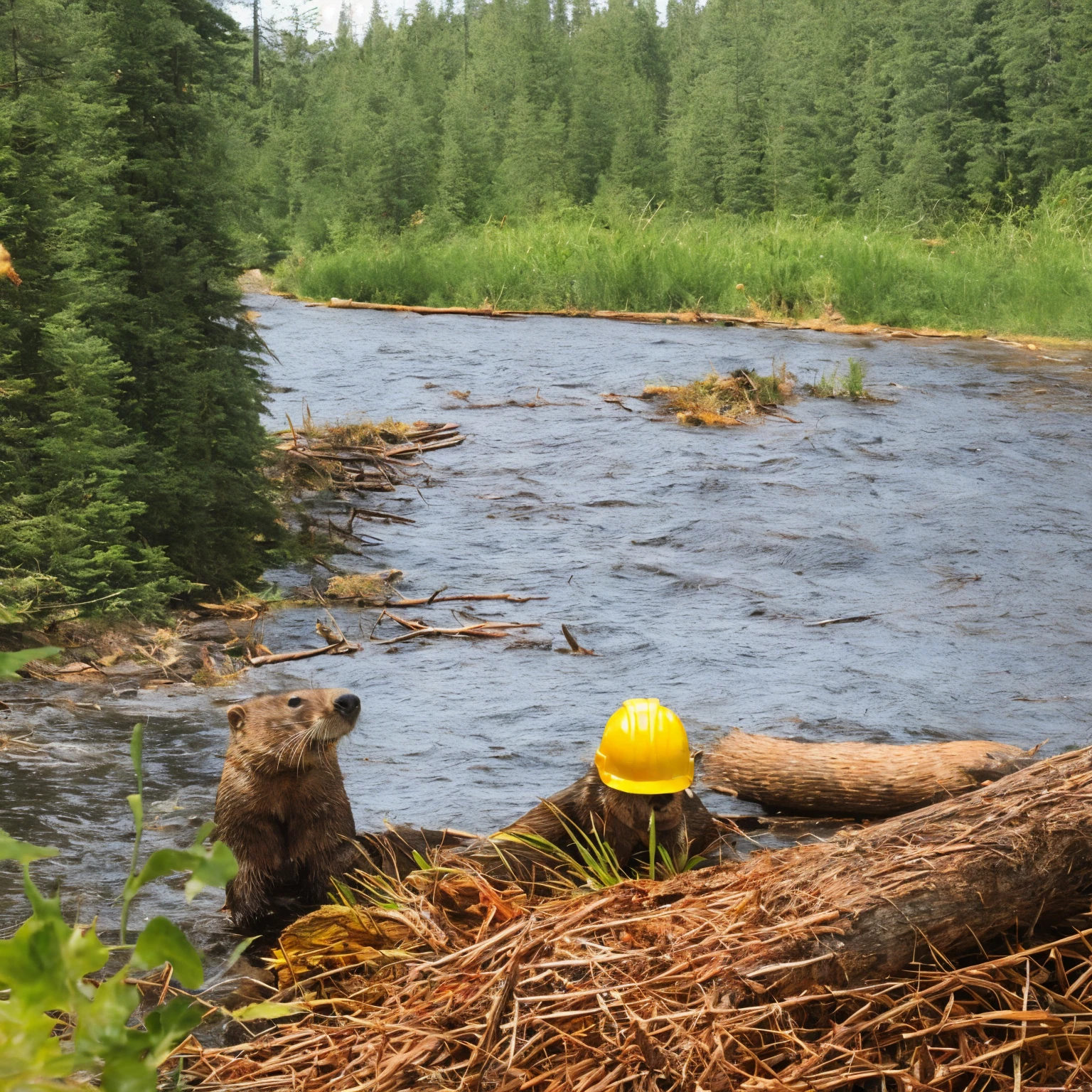 Realistic Beaver photo, funny cartoonish style, yellow hard hat, showing thumbs up, forest river in the background with a beaver dam, one funny beaver photo
