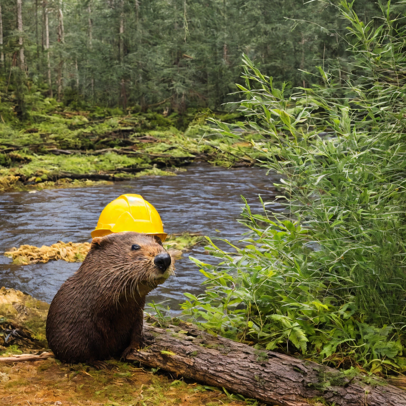 Realistic Beaver photo, funny cartoonish style, yellow hard hat, showing thumbs up, forest river in the background with a beaver dam, one funny beaver photo