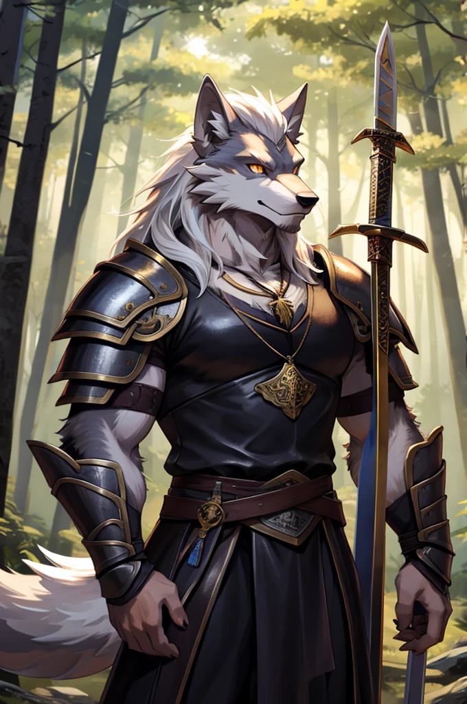 Werewolf，hairy，White hair，Big white tail，Dragon-like golden eyes，Carrying two long swords，Leather Armor，Wolf head shaped pendant，forest