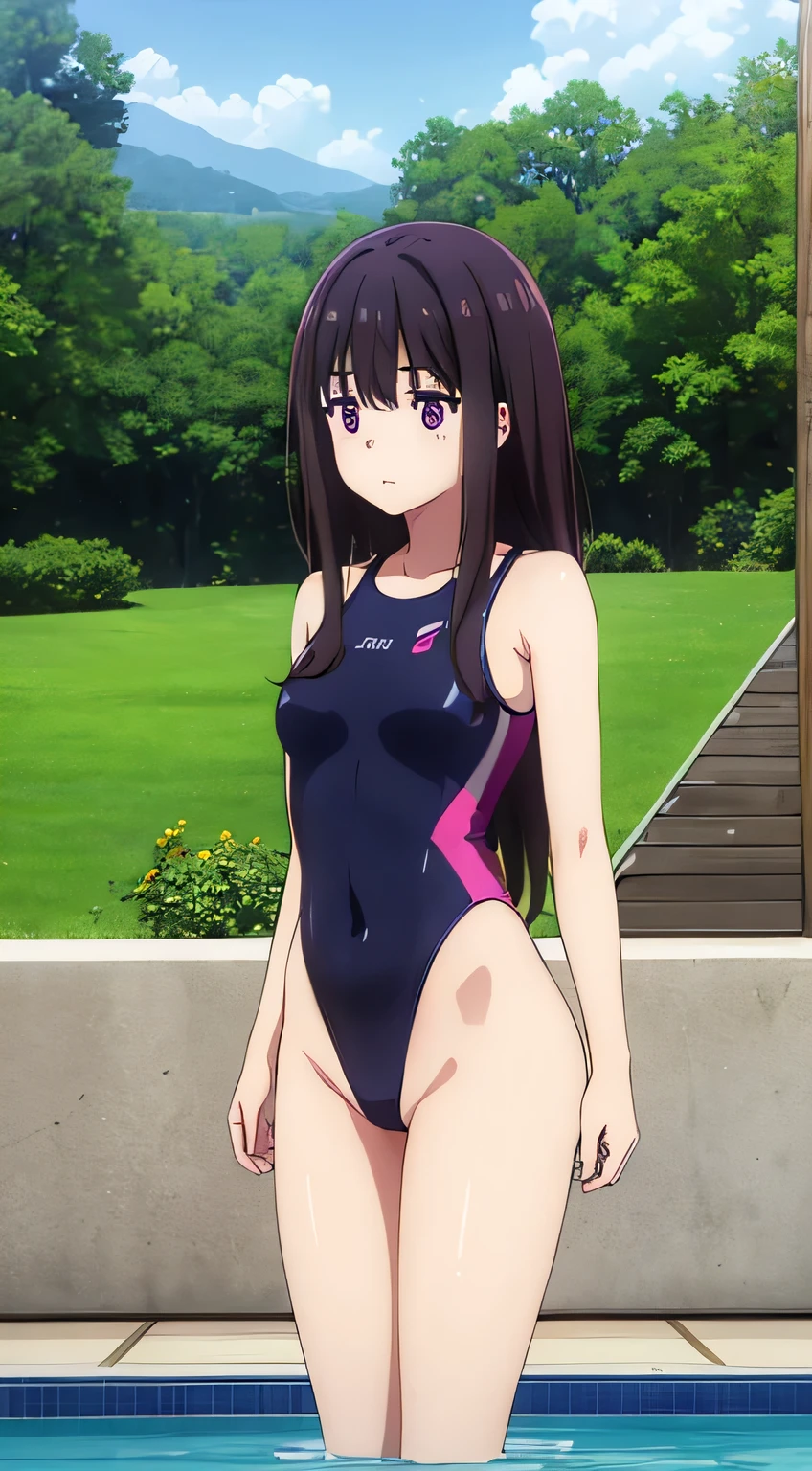 (masterpiece、Highest quality、In 8K、High resolution:1.2)、alone、One Girl、  Takina Inoue、Feeling embarrassed、blush、Purple Eyes、Look at the viewers、whole body、Transparent competitive swimsuit、Transparent racing swimsuit、Glossy body、Wet body、Daytime、Poolside、Low - Angle