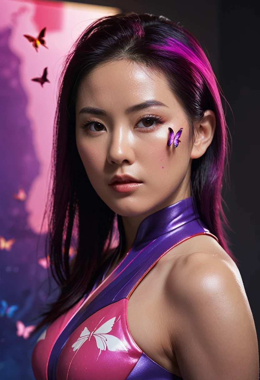 half body, portrait Illustration of PSYLOCKE from x-men, an beatiful japanese girl envolve in a energy pink aura, little butterflies made of purple energy plasma; dark background, psylocke, realistic, photo-realistic, 8k, highly detailed, full length frame, High detail RAW color art, piercing, diffused soft lighting, shallow depth of field, sharp focus, hyperrealism, cinematic lighting Art by Frankenthaler, Cassatt, O'Keeffe, Vigée Le Brun, Alma Thomas, Gentileschi, Barbara Kruger, Lavinia Fontana, Dutch view, full body shot with Cannon EF 35mm f/1.4L II USM Lens. By Sem2ga.