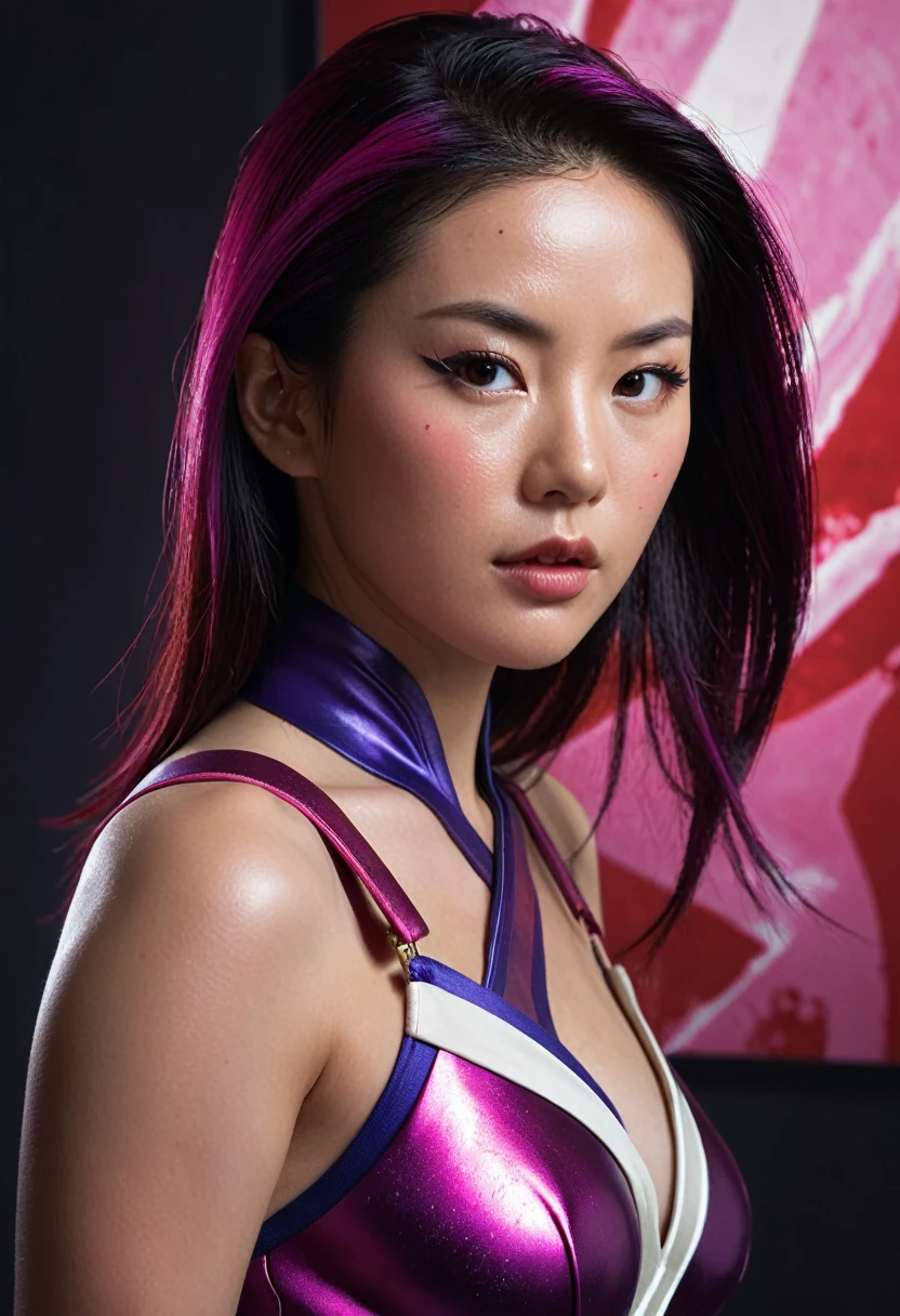 half body, portrait Illustration of PSYLOCKE from x-men, an beatiful japanese girl envolve in a energy pink aura, little butterflies made of purple energy plasma; dark background, psylocke, realistic, photo-realistic, 8k, highly detailed, full length frame, High detail RAW color art, piercing, diffused soft lighting, shallow depth of field, sharp focus, hyperrealism, cinematic lighting Art by Frankenthaler, Cassatt, O'Keeffe, Vigée Le Brun, Alma Thomas, Gentileschi, Barbara Kruger, Lavinia Fontana, Dutch view, full body shot with Cannon EF 35mm f/1.4L II USM Lens. By Sem2ga.