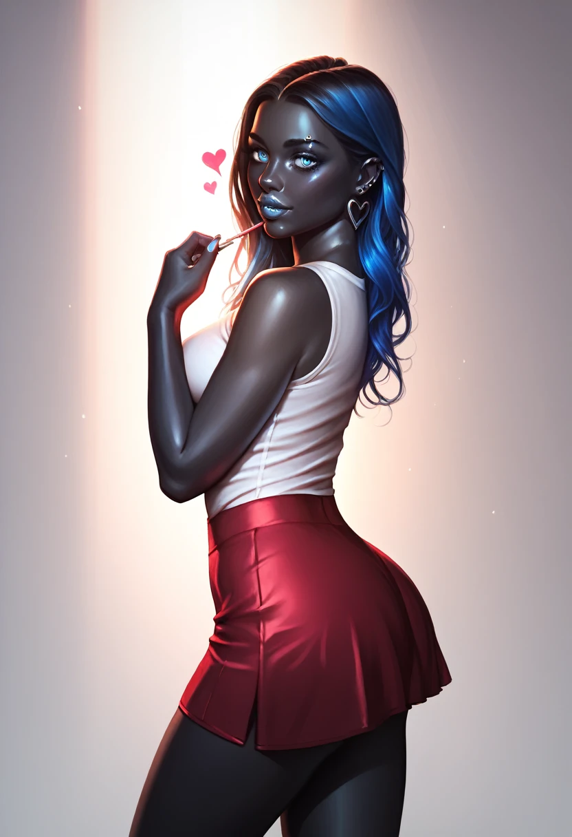 a beautiful young woman with flawless black skin, piercing blue eyes, wearing a short skirt, making a heart shape with her hands, detailed portrait, hyper realistic, 8k, photorealistic, dramatic lighting, cinematic, highly detailed, intricate details, masterpiece