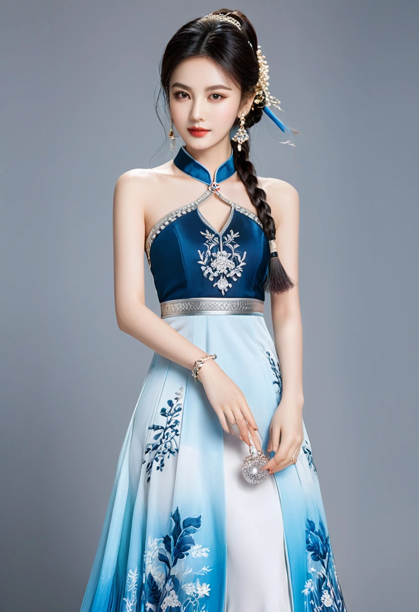 Realistic photography style, featuring a beautiful Asian girl in full body photos, dressed in a unique ethnic style evening gown with delicate skin, bright and lively eyes, and thick eyelashes that appear particularly attractive. The long dress is slender and elegant, with silver jewelry and tassels that catch the eye. The high collar design adds an elegant temperament, color of blue and white porcelain. Through the use of light and shadow, the protagonist's vivid and harmonious figure is highlighted. Full body, (masterpiece, best quality, Professional, perfect composition, very aesthetic, absurdres, ultra-detailed, intricate details:1.3)