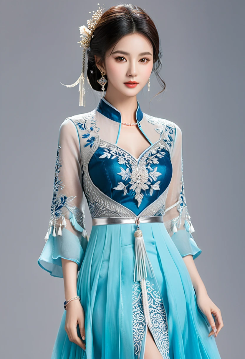Realistic photography style, featuring a beautiful Asian girl in full body photos, dressed in a unique ethnic style evening gown with delicate skin, bright and lively eyes, and thick eyelashes that appear particularly attractive. The long dress is slender and elegant, with silver jewelry and tassels that catch the eye. The high collar design adds an elegant temperament, color of blue and white porcelain. Through the use of light and shadow, the protagonist's vivid and harmonious figure is highlighted. Full body, (masterpiece, best quality, Professional, perfect composition, very aesthetic, absurdres, ultra-detailed, intricate details:1.3)