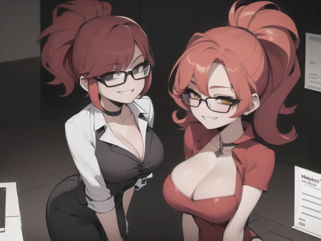 two sexy women looking at camera, flirtatious smiles, office outfits, chokers, portrait, short curly red hair, glasses