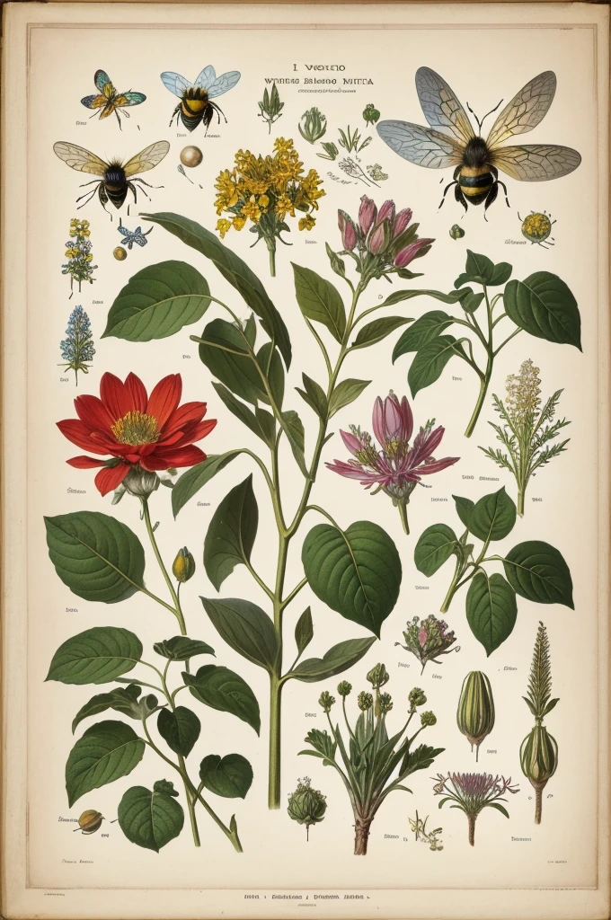 ((nobody)) Vintage Victorian style, Precise old encyclopedia (best quality:1.2), (detailed:1.2), (masterpiece:1.2), vintage botanical illustrations of a bee