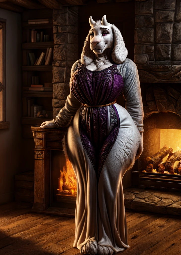 toriel, dressed like LadyDimitrescu, ((masterpiece)), ((HD)), ((high quality)), ((furry; anthro)), ((detailed fur)), ((detailed shading)), ((beautiful render art)), ((intricate details)), {anthro goat; white fur, white nose, cute maroon eyes, (short eyelashes), (short goat antlers), short fluffy tail, (deep cleavage), (gorgeous hips), background, living room), (yellow walls), (orange wood floor), (fireplace), (ambient lighting), (sfw)