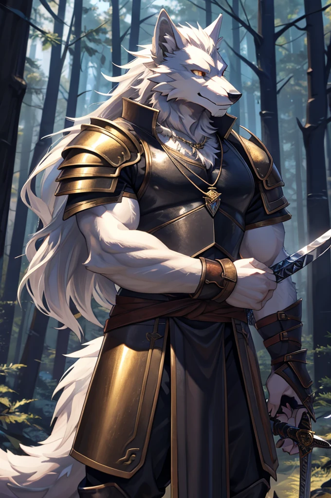 Werewolf,hairy,Pure white hair,Big white tail,Dragon-like golden eyes,Carrying two long swords,Leather Armor,Wolf head shaped pendant,forest,Cold
