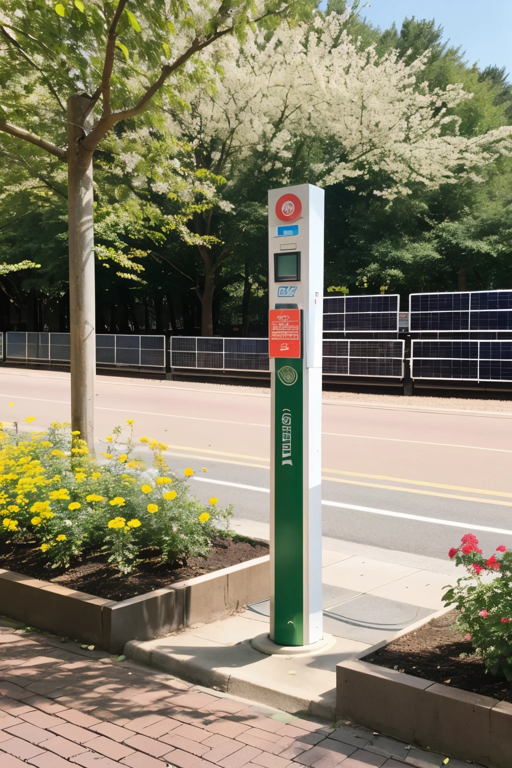 A pedestrian access that has an LED screen and RFID card reader, a solar panel on a post apart from the turnstile, surrounded by little flowering veins.