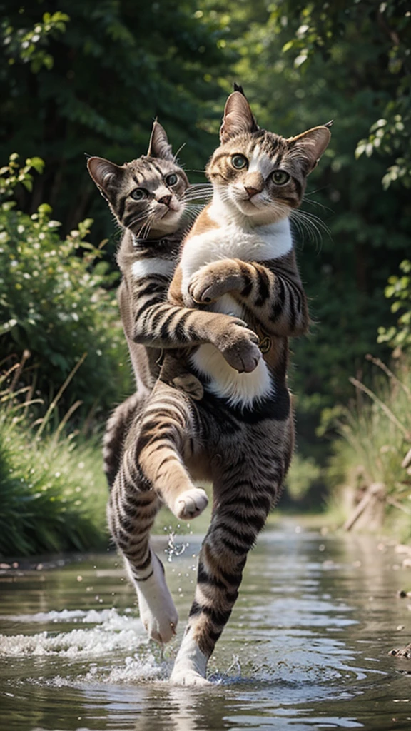 The cat is running fast with a fish hug