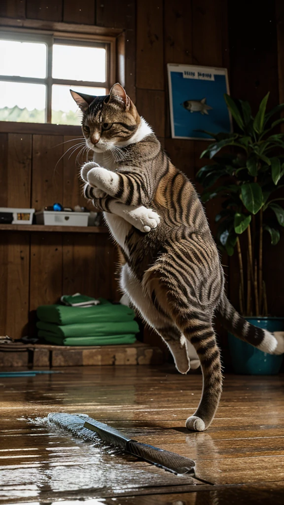 The cat is running fast with a fish hug